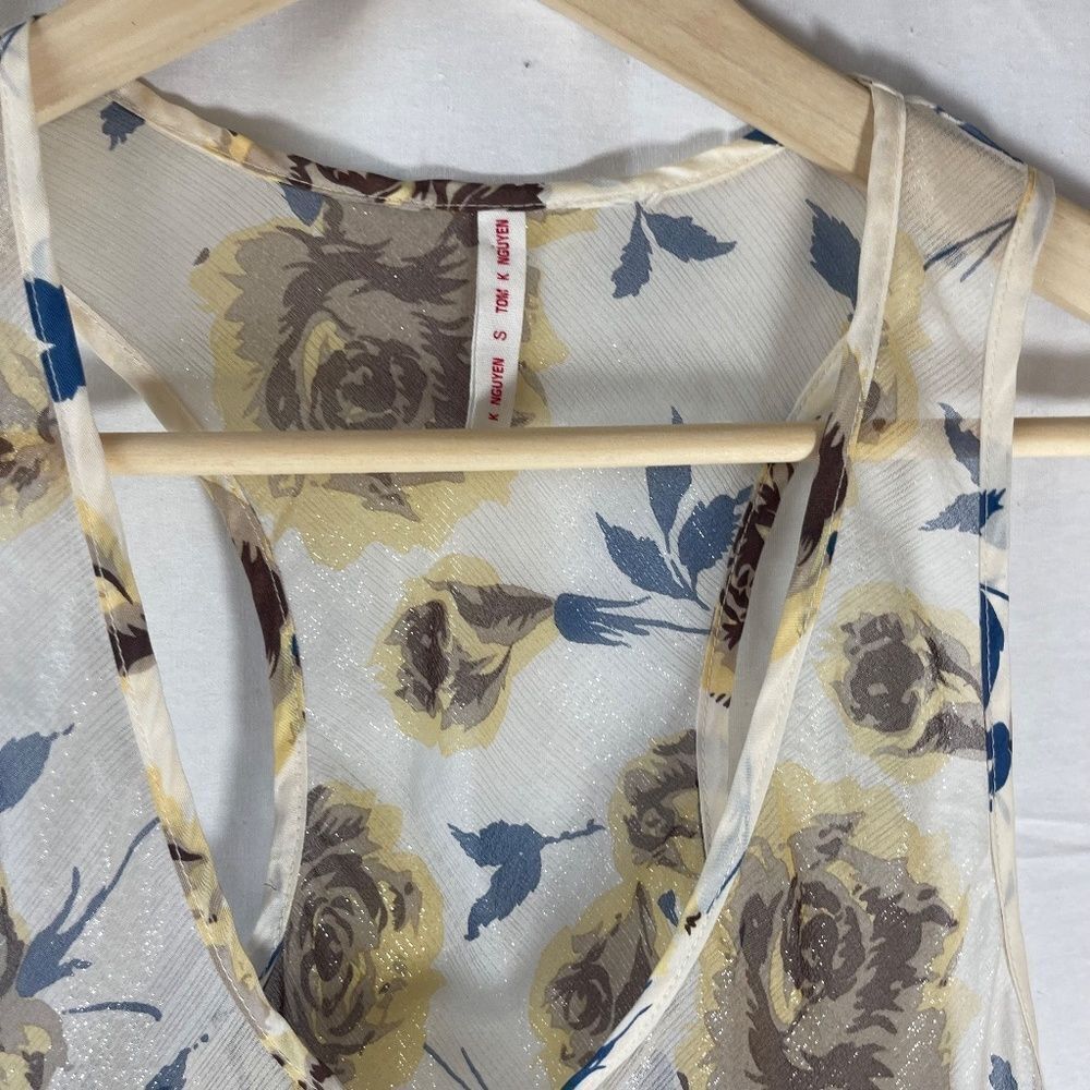 Tom K Nguyễn Sheer Metallic Floral Tank Top Ruffle Trim Sz S - Picture 3 of 7